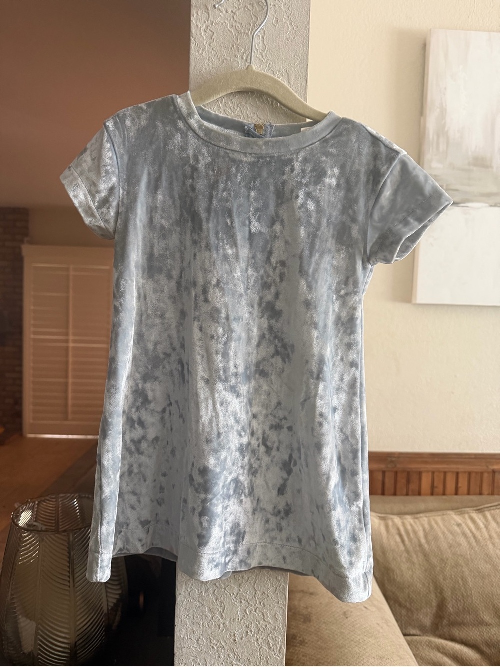 Light Blue Velvet-Textured Short Sleeve Dress